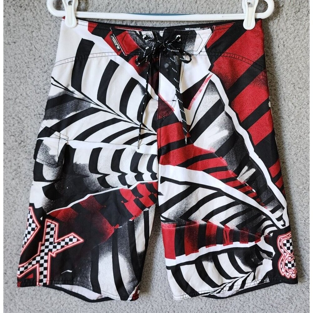 Fox Racing Red White & Black Striped Drawstring Swim Trunks Board Shorts Size 28